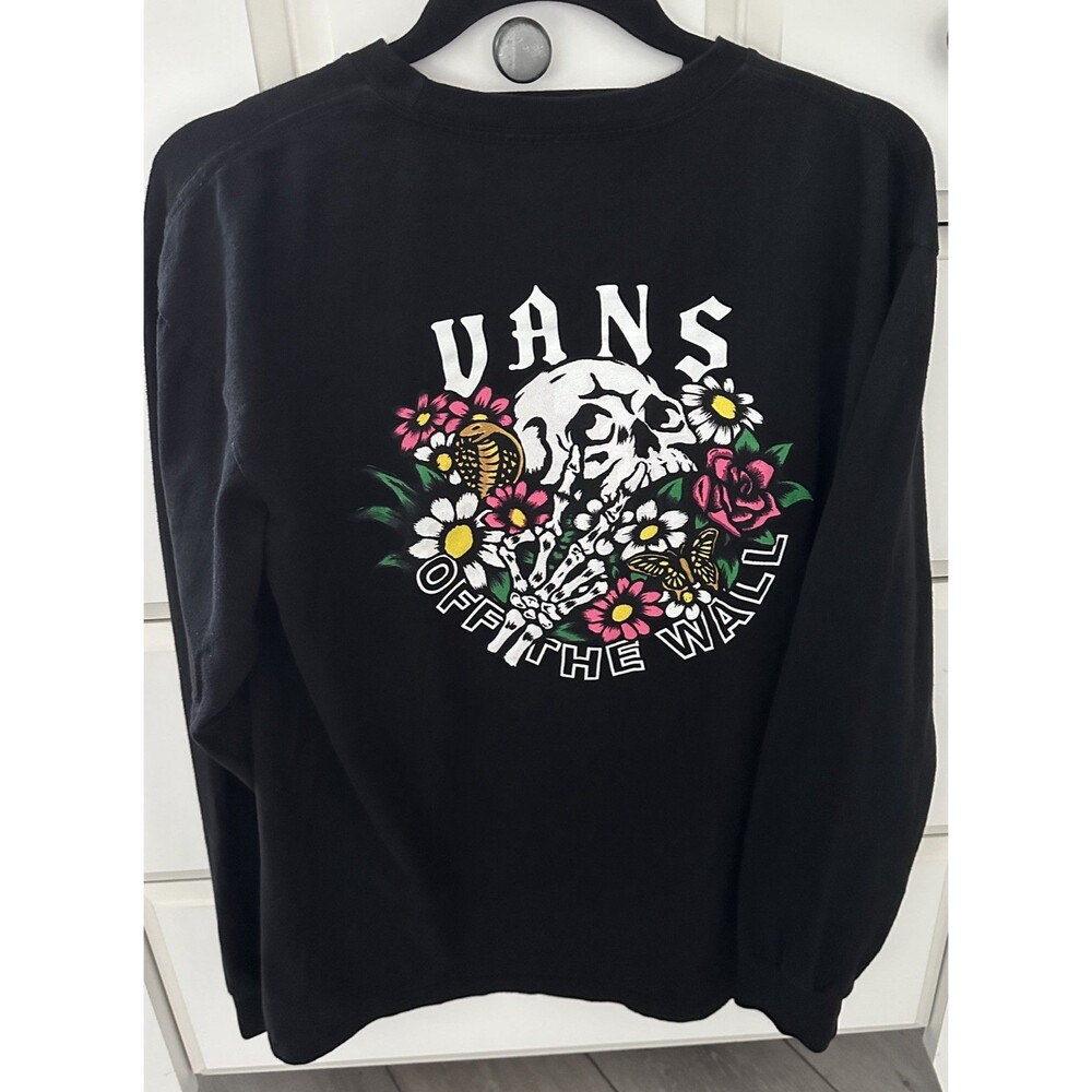VANS "Pushing Up" Skull Floral Long Sleeve T-Shirt Mens Medium Black Classic Fit